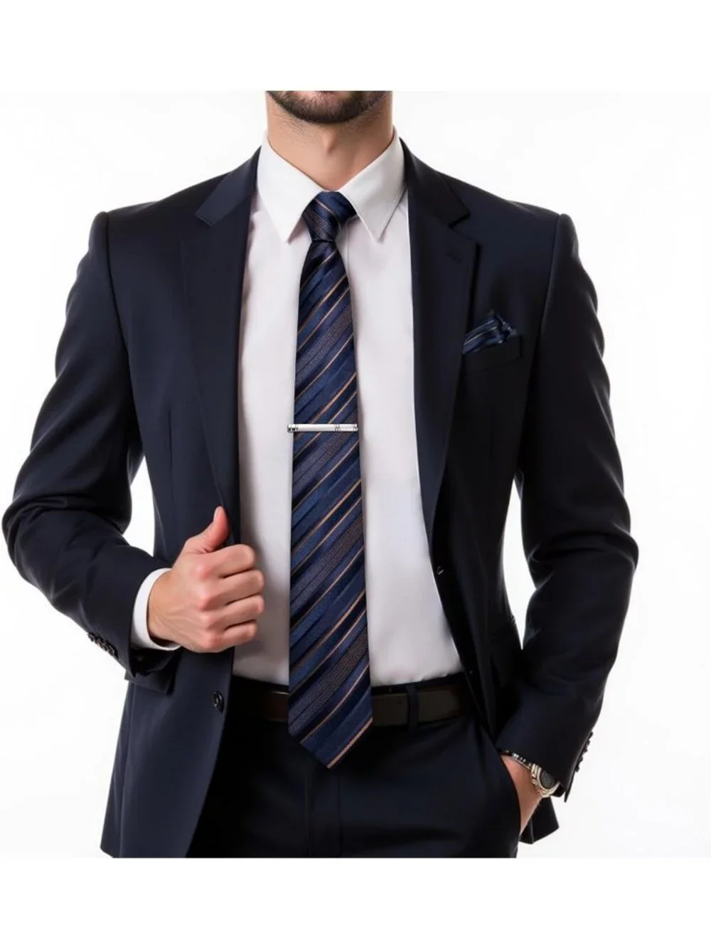 Men's Silk Striped Necktie Set with Pocket Square & Cufflinks - Formal Wedding